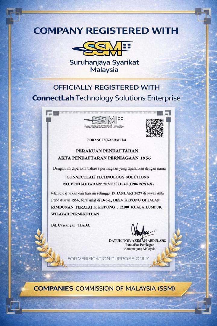 SSM certificate for ConnectLah Technology Solutions Enterprise